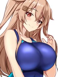 Rule 34 | 1girl, alternate costume, blue one-piece swimsuit, blush, breasts, brown eyes, collarbone, competition swimsuit, covered navel, hair between eyes, hair flaps, hair ornament, hairclip, heterochromia, highres, kantai collection, large breasts, light brown hair, long hair, looking at viewer, montemasa, murasame (kancolle), murasame kai ni (kancolle), one-piece swimsuit, red eyes, smile, solo, swimsuit, two-tone swimsuit, two side up, upper body, white background
