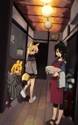 Rule 34 | 3girls, :d, alternate costume, animal ears, black eyes, black hair, blonde hair, clock, commentary, common raccoon (kemono friends), contemporary, extra ears, fennec (kemono friends), fire extinguisher, flip-flops, fox ears, fox girl, fox tail, hair between eyes, highres, holding, holding towel, indoors, kemono friends, looking at viewer, multiple girls, nanana (nanana iz), open mouth, overalls, raccoon ears, raccoon girl, raccoon tail, sandals, serval (kemono friends), short hair, slippers, smile, striped tail, sweater, tail, towel, wall clock, wooden floor