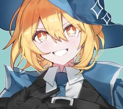 Rule 34 | 1girl, black gloves, black jacket, blonde hair, blue background, blue cape, blue hat, blue necktie, blush, cape, collared shirt, don quixote (project moon), gloves, grin, hand up, hasugu, hat, highres, jacket, limbus company, necktie, portrait, project moon, shirt, short hair, simple background, smile, solo, sparkling eyes, white shirt, yellow eyes