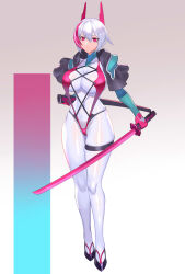 Rule 34 | 1girl, black capelet, bodysuit, bodysuit under clothes, breasts, capelet, center cross lace, covered collarbone, covered navel, cross-laced clothes, cross-laced one-piece swimsuit, gloves, headgear, highres, holding, holding sword, holding weapon, horns, katana, large breasts, multicolored hair, one-piece swimsuit, original, pink eyes, pink gloves, pink hair, pink one-piece swimsuit, revealing clothes, short hair, skindentation, solo, streaked hair, swimsuit, sword, thigh strap, two-tone hair, ukimukai, weapon, white bodysuit, white hair