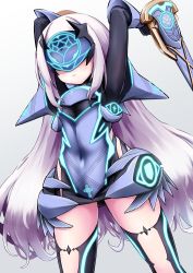 Rule 34 | 1girl, armor, arms up, black dress, black thighhighs, closed mouth, commentary request, covered eyes, covered navel, dress, melusine (fate), melusine (first ascension) (fate), fate/grand order, fate (series), gloves, glowing, gradient background, grey background, highres, holding, long hair, long sleeves, panikuru yuuto, purple dress, purple gloves, silver hair, solo, thighhighs, very long hair, white background