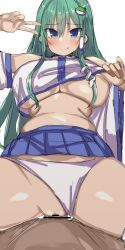 Rule 34 | 1boy, 1girl, :q, bar censor, blue eyes, blue skirt, blush, breasts, censored, closed mouth, clothes pull, clothing aside, commentary, frog hair ornament, girl on top, golgi hon, green hair, hair ornament, hetero, highres, huge breasts, kochiya sanae, large breasts, long hair, looking at viewer, panties, panties aside, plump, pov, pulling own clothes, sex, shirt pull, simple background, skirt, smile, snake hair ornament, solo focus, tongue, tongue out, touhou, underboob, underwear, v, white background, white panties