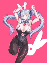 Rule 34 | 1girl, :p, aged up, alternate breast size, alternate costume, alternate hairstyle, blush, breasts, grey hair, hakkai, highres, huge breasts, kantai collection, leg up, leotard, long hair, murakumo (kancolle), orange eyes, pantyhose, playboy bunny, rabbit hole (vocaloid), solo, tongue, tongue out, twintails, very long hair