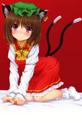 Rule 34 | 1girl, all fours, animal ears, bad id, bad pixiv id, blush, bobby socks, bow, brown hair, cat ears, cat tail, chen, dress, ear piercing, earrings, fingernails, full body, hat, head tilt, highres, jewelry, kitou kaitai, looking at viewer, mob cap, multiple tails, nail polish, nekomata, piercing, purple eyes, red dress, sharp fingernails, shirt, short hair, smile, socks, solo, tail, touhou, two tails