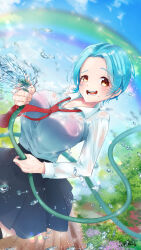 Rule 34 | 1girl, :d, absurdres, blue hair, blue sky, bra visible through clothes, breasts, button gap, dress shirt, dutch angle, flower, forehead, garden, highres, holding, holding hose, hose, large breasts, looking at viewer, loose necktie, moira (nijisanji), mole, mole on breast, mole under mouth, necktie, nijisanji, open mouth, rainbow, shirt, short hair, signature, sky, smile, solo, sparkle, thighhighs, virtual youtuber, water, water drop, wet, wet clothes, yellow eyes, yurakusai