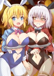 Rule 34 | 2girls, animal ears, blonde hair, blue eyes, blush, bow, bowtie, braid, breast rest, breasts, breasts on tray, carried breast rest, carrying, center opening, cleavage, cropped jacket, detached collar, fake animal ears, fate/apocrypha, fate/grand order, fate (series), fishnet legwear, fishnets, gluteal fold, highres, holding, holding tray, jeanne d&#039;arc (fate), jeanne d&#039;arc (ruler) (fate), jeanne d&#039;arc alter (avenger) (fate), jeanne d&#039;arc alter (fate), large breasts, leotard, long braid, multiple girls, navel, pantyhose, playboy bunny, rabbit ears, rabbit tail, revealing clothes, shimouki izui, shrug (clothing), silver hair, single braid, strapless, strapless leotard, tail, tray, tsurime, yellow eyes
