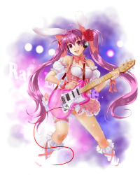 Rule 34 | 1girl, absurdres, animal ears, antenna hair, bare shoulders, bow, bridal garter, character name, choker, collarbone, detached sleeves, di gi charat, dress, flower, guitar, h kamome, hair bow, hair flower, hair ornament, headset, highres, instrument, long hair, music, open mouth, panties, pantyshot, playing instrument, plectrum, purple eyes, purple hair, rabbit ears, ribbon choker, rose, solo, standing, striped clothes, striped panties, translucent, twintails, underwear, usada hikaru, wrist cuffs