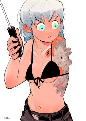 Rule 34 | 1girl, 591mm, absurdres, amputee, belt, bikini, bikini top only, black bikini, breasts, cyborg, female focus, green eyes, grey hair, highres, mechanical parts, medium breasts, navel, open mouth, original, pants, science fiction, screwdriver, signature, simple background, solo, sweat, swimsuit, white background