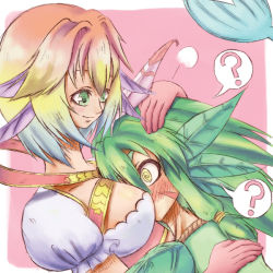 Rule 34 | 10s, 2girls, ?, bermuda triangle, between breasts, blade seed squire, blush, breasts, cardfight!! vanguard, cleavage, crossover, emoticon, fins, gloves, green eyes, green hair, head between breasts, hug, light smile, mermaid idol elly, multicolored hair, multiple girls, neo nectar, puffy sleeves, short hair, yellow eyes