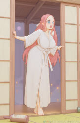 Rule 34 | 1girl, @ @, barefoot, bartolomeobari, blue eyes, blush, bottle, breasts, commentary, commission, english commentary, feet, forehead, full body, full moon, hair ribbon, highres, houkago no goumon shoujo, japanese clothes, kimono, large breasts, leaning forward, long hair, looking to the side, moon, night, night sky, nose blush, open mouth, patreon logo, patreon username, pink hair, ribbon, sake bottle, shouji, sky, sliding doors, solo, standing, tatami, tiptoes, toenails, toes, tsuruse riko, twitter logo, twitter username, very long hair, white kimono, white ribbon, wide sleeves, wooden floor, yukata