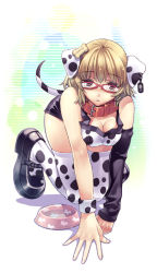 Rule 34 | 1girl, all fours, animal ears, animal print, breasts squeezed together, breasts, collar, dog ears, dog tail, ear tag, glasses, hirano katsuyuki, large breasts, looking at viewer, original, solo, tail, thighhighs