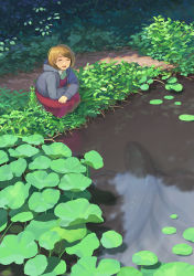 Rule 34 | 1girl, :d, ^ ^, brown hair, clenched hand, closed eyes, day, dress, fish, grass, highres, hiko (scape), hood, hooded jacket, jacket, lily pad, long sleeves, open clothes, open jacket, open mouth, original, outdoors, pond, red dress, sitting, smile, swept bangs, water