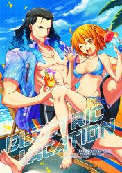 Rule 34 | 1boy, 1girl, ahoge, alternate costume, bare pectorals, bikini, bikini top only, black hair, blue eyes, blue hair, blush, breasts, cloud, cloudy sky, collarbone, cover, cover page, cup, unworn eyewear, fate/grand order, fate (series), flower, flower in drink, fujimaru ritsuka (female), glass, gradient hair, hair between eyes, hair ornament, hair scrunchie, hair slicked back, holding, holding cup, long hair, looking at viewer, mepo (raven0), multicolored hair, necktie, nikola tesla (fate), one eye closed, open clothes, open mouth, open shirt, orange eyes, orange hair, pectorals, scrunchie, shirt, short hair, shorts, side ponytail, sitting, sky, smile, summer, sunglasses, sunglasses removed, swimsuit, toned, toned male