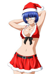 Rule 34 | 00s, 1girl, armpits, arms behind head, belt, blue hair, bra, breasts, cleavage, collarbone, cowboy shot, eyepatch, green eyes, hat, ikkitousen, large breasts, looking at viewer, midriff, mole, mole under mouth, navel, red bra, red hat, red skirt, ryomou shimei, santa costume, santa hat, short hair, skirt, smile, solo, underwear