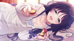 Rule 34 | 1girl, aiba uiha, apple, bed, black hair, blue bow, blue eyes, blush, borrowed clothes, bow, breasts, cleavage, collarbone, collared shirt, dress shirt, food, fruit, giving, hair bow, holding, holding food, holding fruit, incoming food, indoors, long hair, long sleeves, looking at viewer, lying, medium breasts, mizunashi hayate, mole, mole under eye, nijisanji, on bed, on side, open mouth, pov, shirt, smile, solo, virtual youtuber, white shirt, window, wing collar