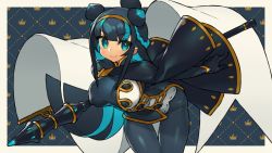 Rule 34 | 1girl, arm behind back, ass, blue background, blue bodysuit, blue eyes, blue hair, blunt bangs, bodysuit, border, braid, breasts, cape, commentary request, covered erect nipples, cowboy shot, gold headband, gold trim, gradient eyes, green eyes, hairband, highres, holding, holding weapon, huion, itsumo nokoru, large breasts, leaning forward, multicolored eyes, multicolored hair, original, outside border, pantylines, polearm, raised eyebrows, shiny clothes, sidelocks, smile, solo, spear, tareme, two-tone hair, weapon