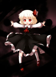 Rule 34 | 1girl, ascot, blush, cocozasa, darkness, fang, female focus, hair ribbon, highres, long sleeves, open mouth, outstretched arms, ribbon, rumia, shirt, skirt, skirt set, smile, solo, touhou, vest