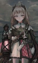 Rule 34 | 1girl, arknights, arm at side, belt, black gloves, black jacket, brown hair, closed mouth, cloud, cloudy sky, cowboy shot, earrings, expressionless, gloves, grey eyes, gun, head wings, highres, holding, holding lantern, irene (arknights), jacket, jewelry, lantern, layered skirt, lch, long sleeves, looking at viewer, outdoors, pantyhose, purple skirt, rapier, scar, scar across eye, scar on face, sheath, sheathed, skirt, sky, solo, sword, weapon, white pantyhose, white skirt, wings