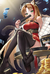 Rule 34 | 1girl, animal ears, arknights, beret, black thighhighs, blonde hair, blush, covering own mouth, crossed legs, feet, green eyes, hat, highres, long hair, looking at viewer, multicolored hair, official alternate costume, see-through, see-through legwear, shoe dangle, shoes, single shoe, sitting, soles, solo, streaked hair, swire (arknights), swire (honor and splendor) (arknights), thighhighs, toes, unworn shoes