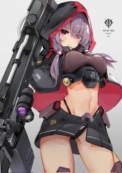 Rule 34 | 1girl, beam cannon, black capelet, breasts, capelet, cowboy shot, dleung, dom (mobile suit), gundam, hair ornament, highres, hood, hood up, hooded capelet, large breasts, long hair, low twintails, mecha musume, miniskirt, mobile suit gundam, multicolored clothes, navel, personification, purple hair, red eyes, scope, sidelocks, skirt, stomach, thong, twintails, zeon