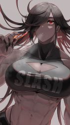 Rule 34 | 1girl, abs, black hair, breasts, candy, candy bar, cleavage, english text, fingernails, food, hair over eyes, highres, large breasts, looking at viewer, multicolored hair, muscular, muscular female, original, red eyes, red hair, sharp fingernails, signature, solo, sunsirou