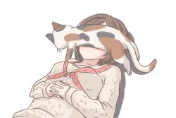 Rule 34 | 1girl, animal on face, breasts, brown hair, calico, commentary, cyde, highres, idolmaster, idolmaster cinderella girls, interlocked fingers, lying, maekawa miku, medium breasts, on back, own hands together, simple background, solo, upper body, white background