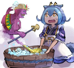 Rule 34 | 1boy, 1girl, blue hair, bubble, clenched teeth, dragon girl, dragon horns, dragonmaid (yu-gi-oh!), duel monster, facial hair, fang, genie, hatano kiyoshi, holding, holding wand, horns, kneeling, lamp, laundry dragonmaid, lord of the lamp, mustache, mystic lamp, open mouth, pointing, pointing at self, pointy ears, pointy nose, purple skirt, sash, short hair, skirt, sleeves rolled up, sweatdrop, teeth, wand, washing, washtub, yellow eyes, yu-gi-oh!