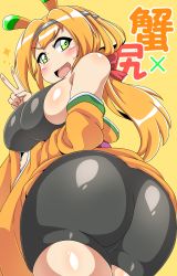 Rule 34 | 1girl, ass, bare shoulders, bike shorts, blonde hair, blush, bow, breasts, crab, detached sleeves, from behind, green eyes, hair bow, hair ribbon, highres, huge ass, japanese clothes, kani club, kimono, large breasts, long hair, looking at viewer, looking down, open mouth, orange hair, original, personification, ponytail, ribbon, shiny clothes, shiny skin, short kimono, sideboob, simple background, smile, solo, sweatdrop, v, yellow background