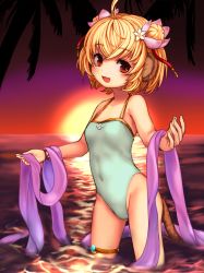 Rule 34 | 1girl, :d, andira (granblue fantasy), animal ears, blonde hair, commentary request, covered navel, erune, flower, granblue fantasy, green one-piece swimsuit, gumakara, hair flower, hair ornament, looking at viewer, monkey ears, monkey tail, ocean, one-piece swimsuit, open mouth, partially submerged, smile, solo, standing, sun, sunset, swimsuit, tail, water