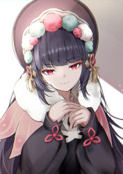 Rule 34 | 1girl, absurdres, bad id, bad pixiv id, black hair, blunt bangs, closed mouth, commentary request, genshin impact, highres, kazanock, long hair, long sleeves, looking at viewer, red eyes, simple background, smile, solo, upper body, white background, yun jin (genshin impact)