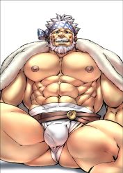 Rule 34 | 1boy, abs, bara, bare pectorals, beard, belt, brown belt, bulge, coat, coat on shoulders, facial hair, feet out of frame, granblue fantasy, headband, large pectorals, loincloth, male focus, male underwear, mature male, mennsuke, muscular, muscular male, mustache, navel, nipples, official alternate costume, old, old man, open clothes, open coat, pectorals, revealing clothes, short hair, smile, solo, soriz, spread legs, stomach, thick thighs, thighs, underwear, white hair, white male underwear, wrinkled skin