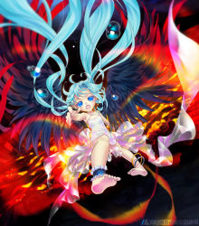 Rule 34 | 1girl, ankle cuffs, anklet, barefoot, black wings, blue eyes, blue hair, d:, dress, feet, floating hair, flying teardrops, jewelry, long hair, matching hair/eyes, open mouth, original, outstretched arm, sleeping-pig, solo, tears, white dress, wings