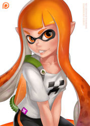 Rule 34 | 1girl, :d, artist name, badge, bike shorts, breasts, collarbone, container, creeper, dandon fuga, ink, ink tank (splatoon), inkling, inkling girl, inkling player character, lapel pin, long hair, looking at viewer, makar, matching hair/eyes, minecraft, nintendo, open mouth, orange eyes, orange hair, own hands together, pointy ears, shirt, sidelocks, simple background, small breasts, smile, solo, splatoon (series), splatoon 1, tentacle hair, the legend of zelda, the legend of zelda: the wind waker, twintails, water, watermark, web address, white background, white shirt