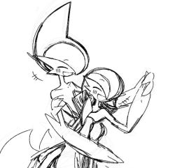Rule 34 | +++, 1boy, 1girl, ^ ^, ame (metorui), arm up, blush, bob cut, closed eyes, collarbone, creatures (company), dancing, flat chest, gallade, game freak, gardevoir, gen 3 pokemon, gen 4 pokemon, greyscale, hair over one eye, hand up, happy, holding another&#039;s arm, holding hands, mohawk, monochrome, nintendo, open mouth, outstretched arm, pokemon, pokemon (creature), short hair, simple background, sketch, smile, standing, white background