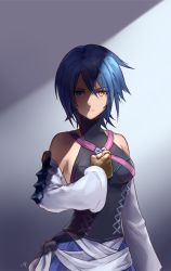 Rule 34 | 1girl, aqua (kingdom hearts), bare shoulders, blue eyes, blue hair, breasts, closed mouth, detached sleeves, fingerless gloves, gloves, kingdom hearts, kingdom hearts birth by sleep, looking at viewer, medium breasts, sasanomesi, short hair, simple background, solo, tears, yellow eyes