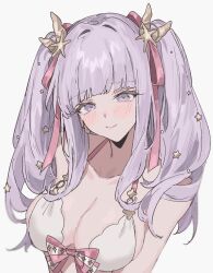 Rule 34 | 1girl, aogisa, azur lane, bare shoulders, bikini, bow, bow bikini, breasts, cleavage, closed mouth, collarbone, hair ornament, hair ribbon, highres, large breasts, light blush, long hair, looking at viewer, pink bow, pink ribbon, plymouth (azur lane), plymouth (heart-throbbing refreshment) (azur lane), purple eyes, purple hair, ribbon, simple background, smile, solo, star (symbol), star hair ornament, striped, striped bow, swimsuit, twintails, upper body, white background, white bikini