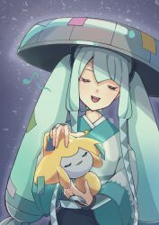 Rule 34 | 1girl, absurdres, aqua hair, closed eyes, creatures (company), daua history, eighth note, game freak, gen 3 pokemon, grey hat, hat, hatsune miku, highres, holding, holding pokemon, japanese clothes, jirachi, kimono, legendary pokemon, long hair, musical note, mythical pokemon, nintendo, open mouth, pokemon, pokemon (creature), project voltage, purple background, sandogasa, smile, solo, steel miku (project voltage), tanzaku, teeth, twintails, upper teeth only, very long hair, vocaloid, white kimono