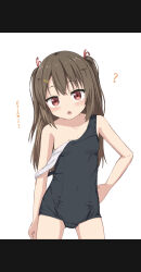 Rule 34 | 1girl, ?, absurdres, bare arms, bare shoulders, black background, black one-piece swimsuit, blush, breasts, brown eyes, brown hair, collarbone, commentary request, cowboy shot, gluteal fold, highres, long hair, looking at viewer, multicolored hair, old school swimsuit, one-piece swimsuit, open mouth, original, school swimsuit, small breasts, solo, standing, strap slip, swimsuit, takasuma hiro, translation request, two-tone background, two-tone hair, white background