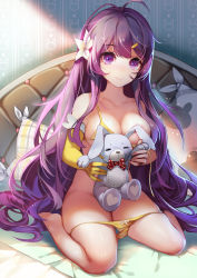 Rule 34 | 1girl, absurdres, bed, bottomless, bra, breasts, cleavage, elbow gloves, flower, full body, gloves, hair flower, hair ornament, highres, long hair, looking at viewer, medium breasts, mo qingxian, panties, panty pull, purple eyes, purple hair, single glove, sitting, smile, solo, stuffed animal, stuffed rabbit, stuffed toy, underwear, very long hair, vocaloid, yamakawa (pixiv9906035), yellow gloves, yellow panties