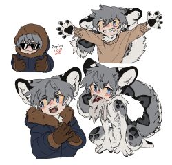Rule 34 | 1boy, :3, animal ear fluff, animal feet, animal hands, blue eyes, blue jacket, body fur, brown gloves, carcass, clenched teeth, closed mouth, commentary, dead animal, deviidog0, english commentary, english text, fangs, full body, fur-trimmed hood, fur-trimmed jacket, fur trim, gloves, grey fur, grey hair, hands up, highres, hood, hood down, hood up, jacket, kneeling, long sleeves, looking at viewer, male focus, monster boy, mouth hold, multiple views, original, outstretched arms, own hands together, short eyebrows, short hair, simple background, snow leopard boy, snow leopard ears, snow leopard tail, spread arms, sunglasses, teeth, thumbs up, white background, yellow pupils