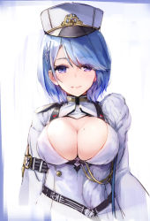 Rule 34 | 1girl, azumi akitake, azur lane, bad id, bad twitter id, blue eyes, blue hair, breasts, chapayev (azur lane), cleavage, cleavage cutout, clothing cutout, commentary request, hat, large breasts, long sleeves, looking at viewer, mole, mole on breast, peaked cap, short hair, smile, solo, upper body, white hat