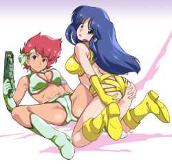 Rule 34 | 2girls, ass, ass grab, bandana, blue eyes, blue hair, boots, breasts, brown eyes, butt crack, cleavage, cleavage cutout, clothing cutout, dirty pair, earrings, gloves, grabbing own ass, gun, holding, holding gun, holding weapon, jewelry, kei (dirty pair), long hair, looking back, multiple girls, navel, ohtado, open mouth, red hair, short hair, simple background, single glove, smile, take your pick, weapon, white background, yellow gloves, yuri (dirty pair)
