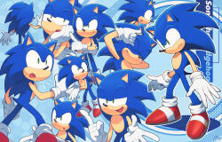 1boy animal_ears animal_nose blue_background character_name commentary_request finger_in_ear furry furry_male gloves green_eyes half-closed_eyes head_rest highres index_finger_raised male_focus multiple_views open_mouth parted_lips red_footwear shoes show_chiku-by smile sonic_(series) sonic_the_hedgehog standing white_gloves