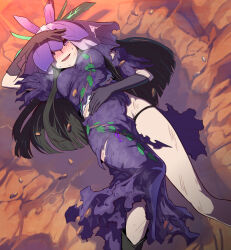 Rule 34 | 1girl, black hair, blush, defeat, dress, dutch angle, elbow gloves, flower, flower on head, gloves, highres, leaf print, long hair, lying, orchid, puffy short sleeves, puffy sleeves, purple dress, purple eyes, short sleeves, solo, syope, torn clothes, touhou, unfinished dream of all living ghost, yomotsu hisami