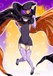 Rule 34 | 1girl, armpits, breasts, cape, covered navel, cyclops, elbow gloves, full body, gloves, gluteal fold, halloween costume, hand on headwear, hat, knees together feet apart, kouda tomohiro, manako, monster girl, monster musume no iru nichijou, one-eyed, purple eyes, purple hair, short hair, signature, skin tight, small breasts, solo, thighhighs, wand, wide hips, witch hat