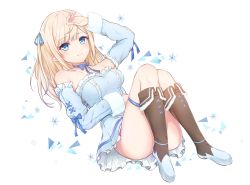 Rule 34 | 1girl, :3, absurdres, arm up, bare shoulders, blonde hair, blue bow, blue choker, blue dress, blue eyes, blue ribbon, blunt bangs, boots, bottomless, bow, breasts, choker, closed mouth, collarbone, copyright request, detached sleeves, dress, full body, hair ornament, hair ribbon, hand on own stomach, hand to head, highres, knee boots, large breasts, long hair, long sleeves, looking at viewer, lying, on back, ribbon, simple background, smile, snowflakes, solo, thigh strap, virtual youtuber, white background, zky (oekaky)