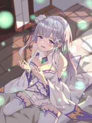 Rule 34 | 1girl, absurdres, bare shoulders, blunt bangs, crying, crying with eyes open, crystal, dress, emilia (re:zero), flower, frilled dress, frilled sleeves, frills, from above, hair flower, hair ornament, highres, long hair, on bed, purple eyes, re:zero kara hajimeru isekai seikatsu, rose, silver hair, sitting, solo, tears, white flower, white rose, wuzhu nis, x hair ornament