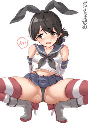 Rule 34 | 1girl, arms behind back, ass, bare shoulders, black hair, black neckerchief, black panties, blue sailor collar, blue skirt, blush, brown eyes, collarbone, commentary request, cosplay, crop top, ebifurya, elbow gloves, full body, gloves, hair between eyes, hair ornament, hairband, highleg, highleg panties, highres, kantai collection, kasuga maru (kancolle), looking at viewer, microskirt, miniskirt, navel, neckerchief, open mouth, panties, partially visible vulva, pleated skirt, revision, sailor collar, school uniform, serafuku, shimakaze (kancolle), shimakaze (kancolle) (cosplay), short hair, simple background, skindentation, skirt, sleeveless, solo, spoken blush, spread legs, striped clothes, striped thighhighs, taiyou (kancolle), tearing up, thighhighs, twitter username, underwear, white background, white gloves