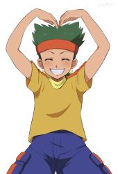 Rule 34 | 1boy, blue pants, cameron (pokemon), closed eyes, creatures (company), facing viewer, game freak, green hair, headband, heart arms, kijouyu, male focus, nintendo, pants, pokemon, pokemon (anime), pokemon bw (anime), red headband, shirt, short sleeves, smile, solo, spiked hair, standing, t-shirt, yellow shirt