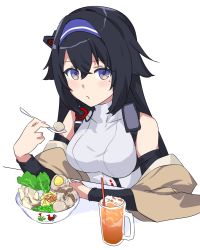 Rule 34 | 1girl, bare shoulders, black hair, bowl, breasts, closed mouth, detached sleeves, expressionless, food, girls&#039; frontline, hairband, headband, highres, holding, holding spoon, jacket, large breasts, long hair, looking at viewer, mod3 (girls&#039; frontline), mole, mole under eye, off shoulder, pet bowl, purple eyes, salad, shirt, simple background, solo, spoon, super sass (girls&#039; frontline), super sass (mod3) (girls&#039; frontline), upper body, vanna, white background, white shirt